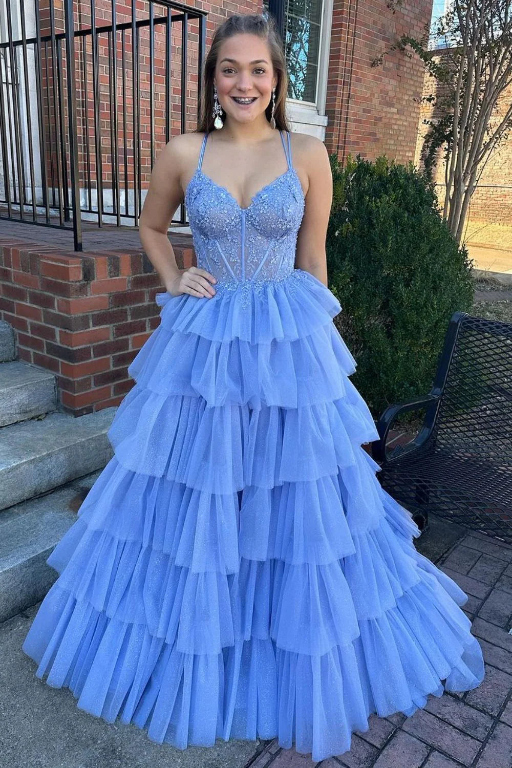 Light Blue A-Line Spaghetti Straps Lace Up Long Tiered Tulle Evening Dresses